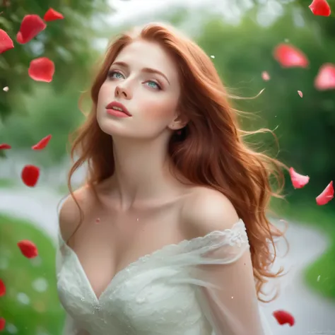 (best quality, realistic, ultra-detailed), a beautiful woman looking up, hair blowing in the wind, and red rose petals falling. perfect makeup, detailed eyes, and lips, long flowing red hair and green eyes, graceful pose, vibrant colors, soft lighting, rom...