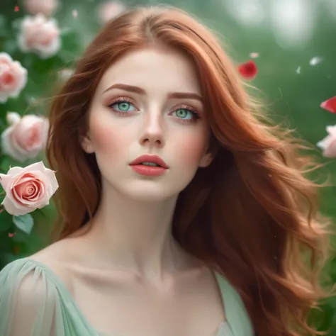 (best quality, realistic, ultra-detailed), a beautiful woman looking up, hair blowing in the wind, and red rose petals falling. perfect makeup, detailed eyes, and lips, long flowing red hair and green eyes, graceful pose, vibrant colors, soft lighting, rom...