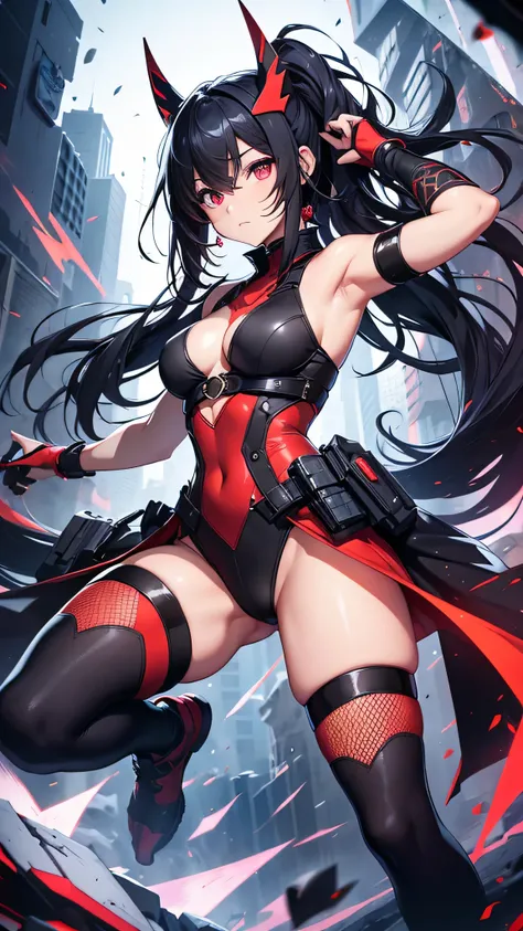 Highest quality、Highest quality、Masterpiece、girl((Age 25、as soon as、Highest Bust、Medium Bust、Wide open chest、Red glowing eyes、Black Ear、Red Mesh、Disheveled Hair、Loincloth、thin、The best valley、Open chest、Luminous Wristbands、hair ornaments、Full body view、Tan...