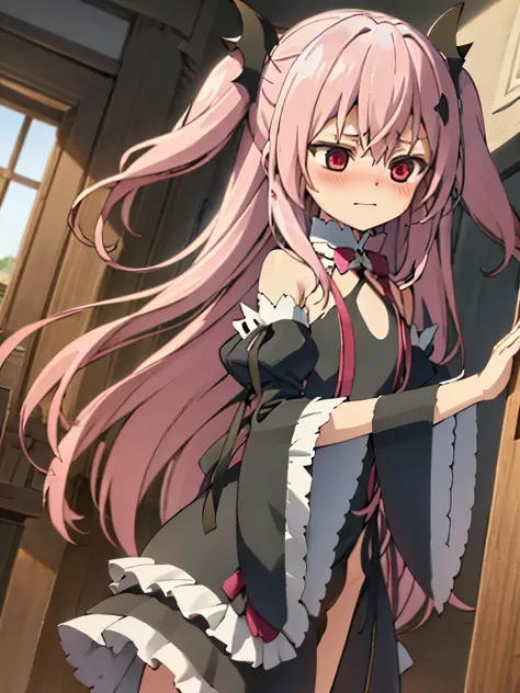 nsfw,krul tepes、red eyes、flat chest、long hair、pink hair、two side up、hair ornaments、boots、black dress、bare shoulders、wide sleeves...