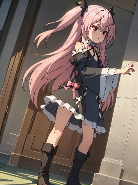 nsfw,krul tepes、red eyes、flat chest、long hair、pink hair、two side up、hair ornaments、boots、black dress、bare shoulders、wide sleeves...