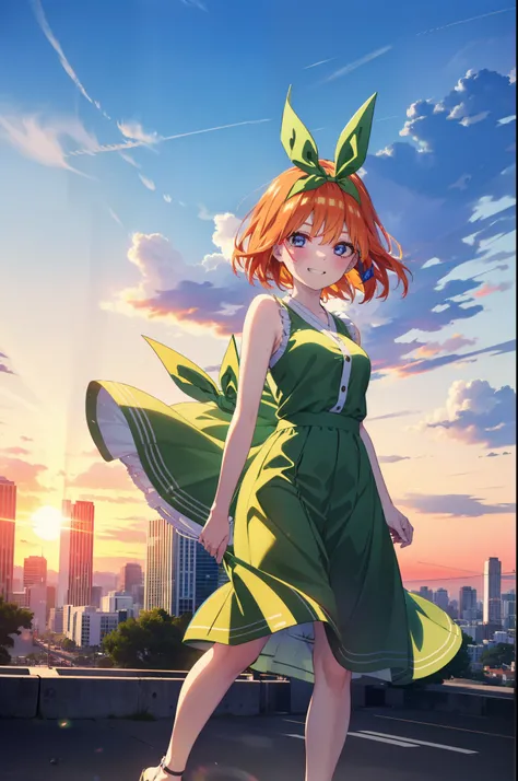 yotsubanakano, yotsuba nakano, bangs, short hair, blue eyes, Hair between the eyes, Hair Ribbon, hair band, Orange Hair, (Green ribbon:1.5), smile, Grin,smile,Sleeveless green dress,Bare arms,Green long skirt,Cute heeled sandals,sunset,evening,The sun goes...