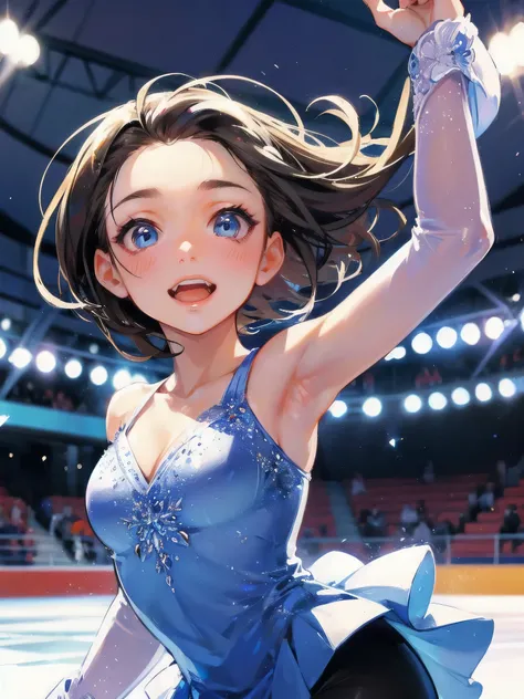 high quality,HD,16k,sharp lines,1 girl,Female figure skate athlete ,cute face, large breasts, nice legs,At the figure skate venue,focus girl,detailed beautiful face,detailed clothes,beautiful eyes,cool,dynamic angle