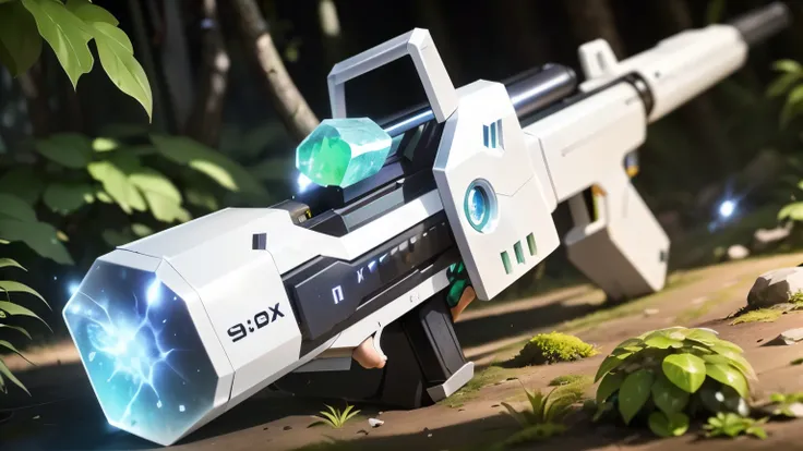 science fiction，unmanned，gun with plants and crystals，glowing white gun，plasma，plant and machine combination，moss，the vine plant...