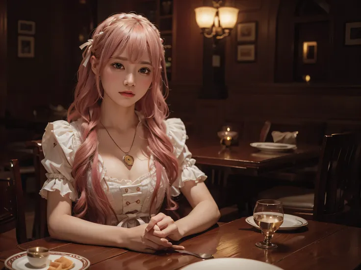 (Tabletop, highest quality, Tabletop,highest quality,Official Art, 8K wallpapers), girl,Chiquita，Long hair, Pink Hair, Wavy Hair, Small breasts,(Dynamic color lolita outfit), barefoot, Skirt flip,European Restaurant，candlestick，wall，Tableware， (Skins with ...