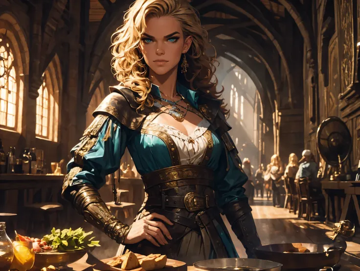 a handsome young woman on Zendaya, she is bathing in a medieval wooden batthub, she has short blond hair, she has mysterious runes all over her body, French Renaissance painting style, cinematic, fantasy illustration, that showcases the best quality,4k,8k,...