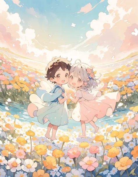 Boys and Girls, Cheek to cheek, ((Flower Field, pastel colour)), Lakeside, content:Watercolor. style:Whimsical and delicate, Like an illustration in a children&#39;s book.