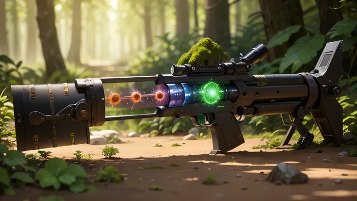 science fiction，unmanned，gun with plants and crystals，glowing rainbow gun，plasma，plant and machine combination，moss，the vine pla...