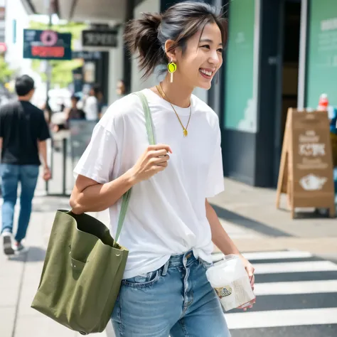 model、Japanese、Long hair tied up in a messy bun、Large earrings、White t-shirt and light blue distressed jeans、Pumps and a small green bag、Takeaway coffee in one hand、A cheerful expression as he walks briskly across the crosswalk