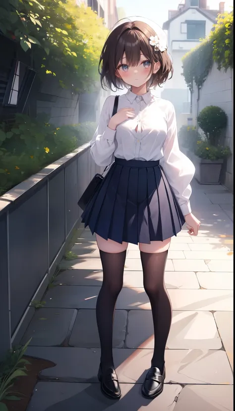 One Girl、positive、From above、Full body portrait、Brown haired、Medium Haircut、blush、Absolute area、Knee socks、stockings、Black knee-high socks、White underwear、Cleavage、Light blue cut shirt、Unbutton your shirt、Shirt buttons fly off、Navy blue checkered pleated s...