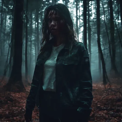 horror scene, knife, outdoors, night time, dark woods, evil woods, gore, glowing eyes, girl, woods, gore, chiaroscuro, cinematic...