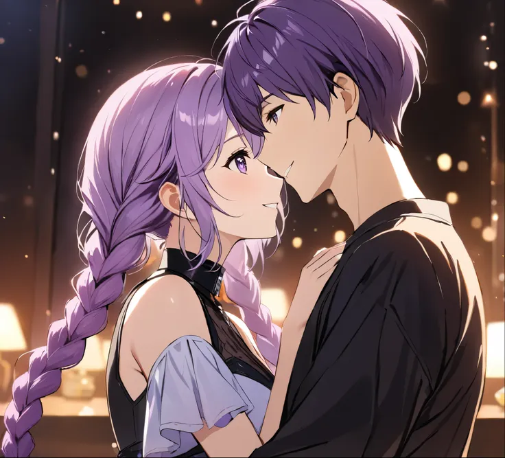 1 boy,a girl with purple and white gradient double braids,romantic couple,smiling faces facing each other,close intimacy,backgro...