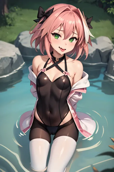 masterpiece, best quality, ultra-detailed, illustration,1 girl and 1 boy, ,beautiful detailed eyes, Sarada Fate GO, Astolfo, looking at viewer, close up, (breast focus), (arms behind back:1.2), (from above:1.1), small breasts, no bra (off shoulder:1.1), se...