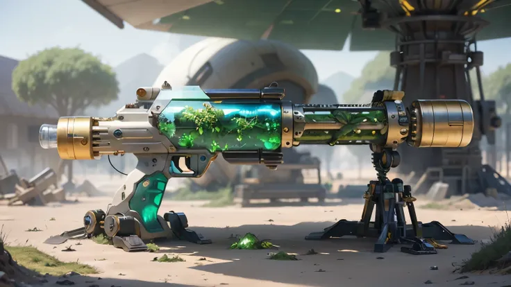 science fiction，unmanned，the gun has crystal，gold gun，plasma，plant and machine combination，moss，the vine plant attached to the g...