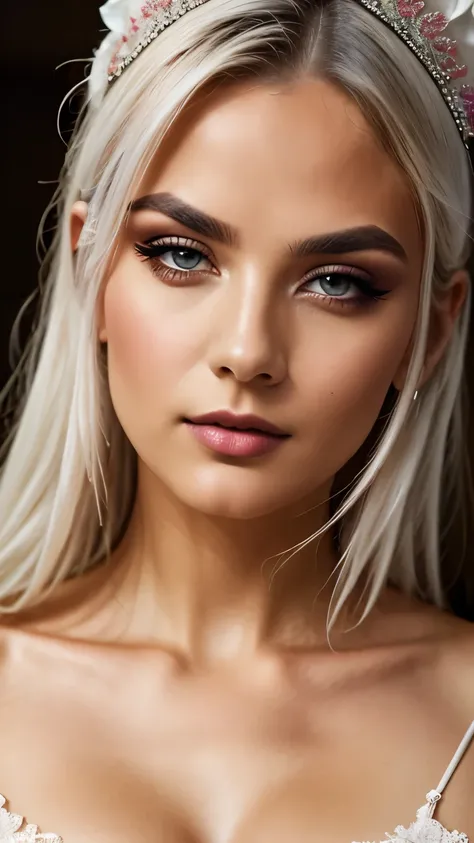 a young woman with white hair, beautiful detailed eyes, beautiful detailed lips, extremely detailed face, long eyelashes, maid uniform, sexy maid outfit, NSFW, intricate details, high-quality, photorealistic, cinematic lighting, dramatic shadows, vibrant c...