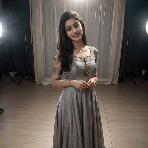 a beautiful young indian woman named ananya pandey, wearing an intricately embroidered grey anarkali dress,body-hugging fashion, full body view, pretty smiling face, highly detailed and realistic, photorealistic, 8k, high quality, masterpiece, ultra-detail...