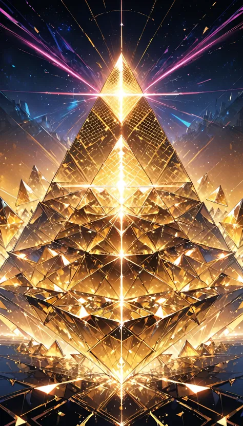 futuristic background of golden glass pyramid with shining laser beams、it leads to a surreal science city with huge skyscrapers....