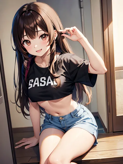 Brown hair. Anime girl. Asian girl. Ulzzang. Brown eyes. Smiling. T-shirt. Visible bra.