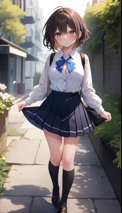 One Girl、positive、From above、Full body portrait、Brown haired、Medium Haircut、blush、Absolute area、Knee socks、stockings、Black knee-high socks、White underwear、Cleavage、Light blue cut shirt、Unbutton your shirt、Shirt buttons fly off、Navy blue checkered pleated s...