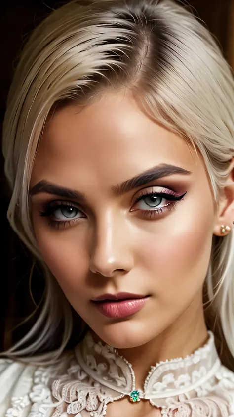 a young woman with white hair, beautiful detailed eyes, beautiful detailed lips, extremely detailed face, long eyelashes, maid uniform, sexy maid outfit, NSFW, intricate details, high-quality, photorealistic, cinematic lighting, dramatic shadows, vibrant c...
