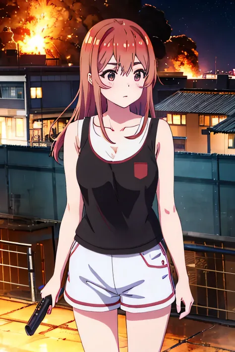 Sumi Sakurasawa、holding hundgun、at night、fence、1 girl、Sexy shorts、Black tank top、Military base exploding in flames、The building is on fire