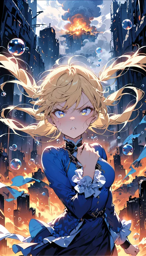 masterpiece, highest quality, bubble, Blue clothes, Blonde twin tails, Pretty face, Highly detailed eyes, Intense expression, Fighting Pose, Destroyed city, A distant fire, Rising Smoke, 