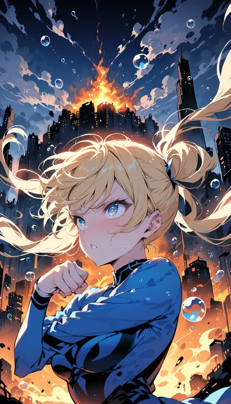 masterpiece, highest quality, bubble, Blue clothes, Blonde twin tails, Pretty face, Highly detailed eyes, Intense expression, Fighting Pose, Destroyed city, A distant fire, Rising Smoke, 