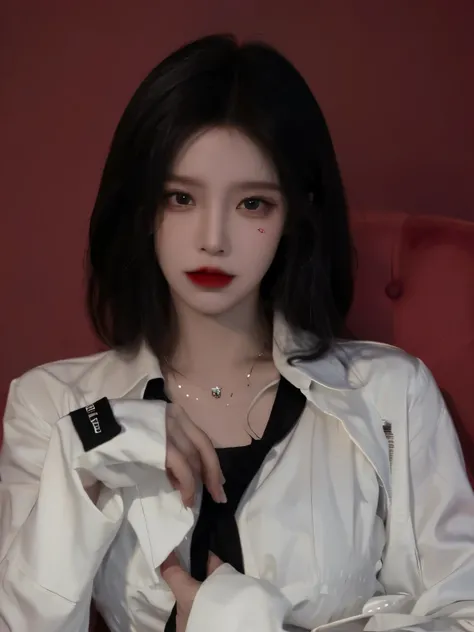 ((Masterpiece, 8k, high quality, high resolution, ultra HD, ultra detaild)), a 25 year old woman, sitting in a red chair. short black hair, pretty, red lips, blue eyes. white shirt with black text on the collar that appears to say “LOVE,” red background,...