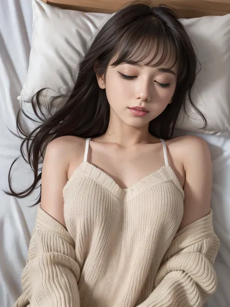 A single photo、One Woman、camisole、Cute sleeping face、Sleep、In the futon、close your eyes、No makeup、No makeup、20-year-old、Fair skin、Black Hair、
