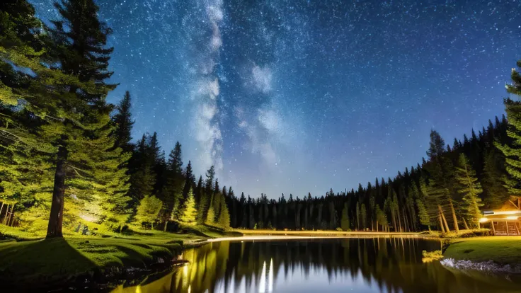 Starry night forest、A pleasant meadow where you can take a break and replenish your positive energy, Beside a river with sparkling, clear water.