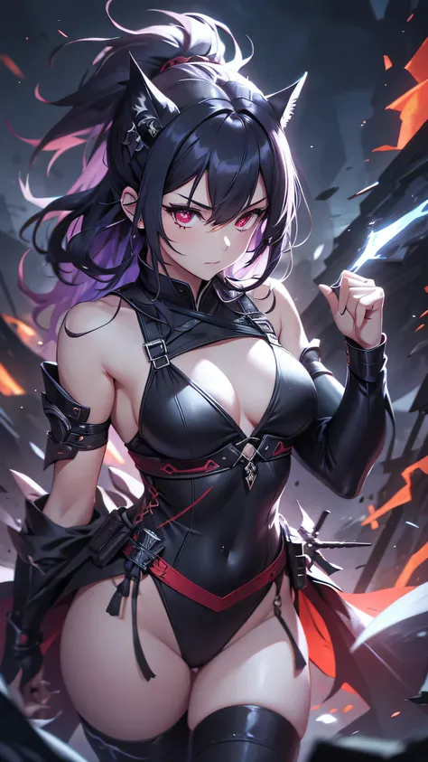 Highest quality、Highest quality、Masterpiece、girl((Age 25、as soon as、Highest Bust、Medium Bust、Wide open chest、Red glowing eyes、Black Ear、Red Mesh、Disheveled Hair、Loincloth、thin、The best valley、Open chest、Luminous Wristbands、hair ornaments、Full body view、Tan...