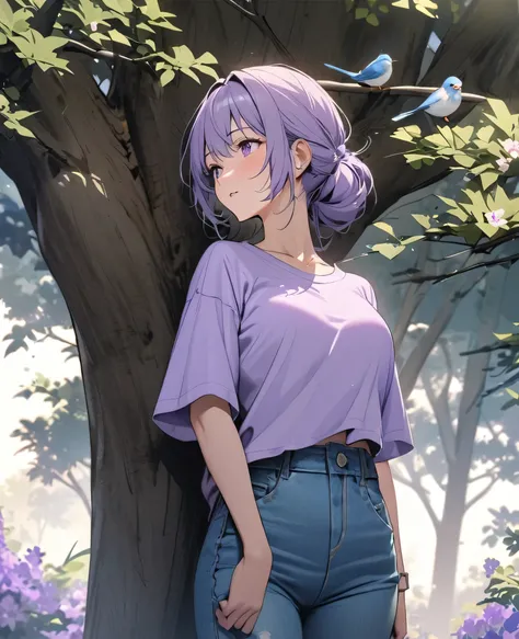 A beautiful woman wearing a pastel violet t-shirt and jeans listening to the birds singing on a tree