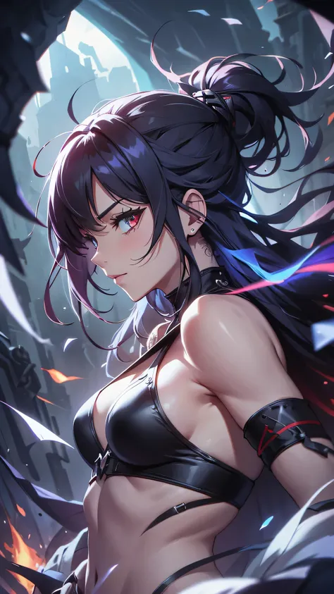 Highest quality、Highest quality、Masterpiece、girl((Age 25、as soon as、Highest Bust、Medium Bust、Wide open chest、Red glowing eyes、Black Ear、Red Mesh、Disheveled Hair、Loincloth、thin、The best valley、Open chest、Luminous Wristbands、hair ornaments、Full body view、Tan...