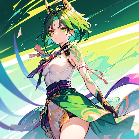 Anime Girl, warrior, Grab attention in a vivid way, Dress to impress, Wearing bright green clothing, Standing in a blur, Dull background, His presence is low-key.，But his determination shines through, a special one, The helmet is decorated with intricate p...