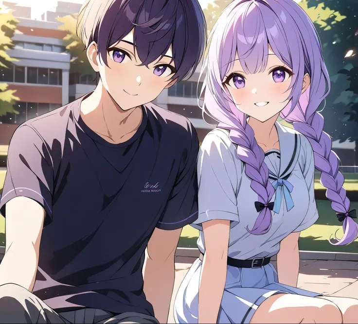 a boy and (a girl with purple and white gradient double braids) sitting side by side, youthful, campus background, sunlight stre...