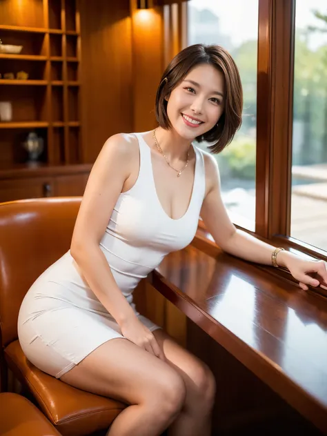 Tabletop, Beautiful woman, (30 years old、Japanese), (Library Background、mechanical、Bookshelf), ,(((White tight dress))), (((Beautiful Hair、Bob Hair, Brown Hair))), feet, (Skin Texture:1.1), highest quality, 超A high resolution, (Realistic: 1.4), RAW Photos,...