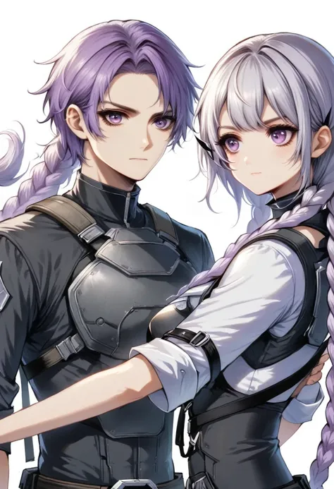 Two people，A man and a girl with long braids，purple and white