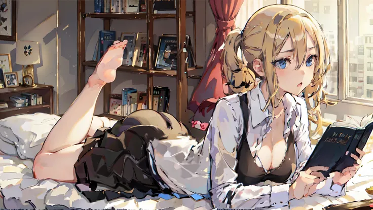 hayasaka ai, High resolution, Soft Light, blue eyes, Blonde Hair, Long Hair, Shoulder less, Thin legs, belly button, Side tie bikini short skirt, Cleavage, Mid-chest,Reading a book