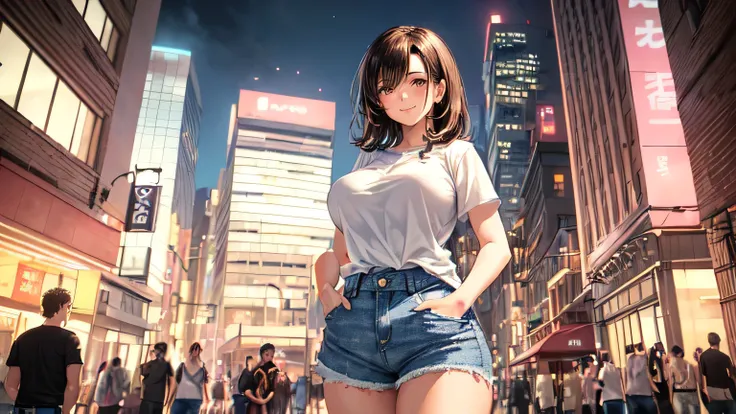 Only one female, (Explore the city), (Short white T-shirt:1.2) stylish (Denim pants), Mature Woman, /(Dark brown hair/), A gentle blushing smile, (Masterpiece of the highest quality:1.2) Delicate illustrations, super detailed, Big Breasts, (Put your hands ...