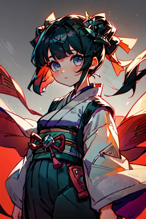 Demon slayer artstyle, perfect, great composition, a girl with grey eyes and black hair, wearing a kimono, Kimetsu no Yaiba, Hime cut hairstyle,