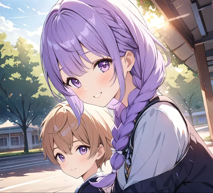 a boy and (a girl with purple and white gradient double braids) sitting side by side, youthful, campus background, sunlight stre...