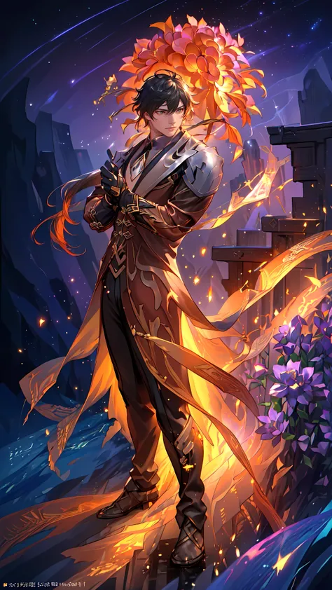 ((((((1man,solo,male)))))) (((FRONT POSE))) ((((MUSCULAR)))) ((FULL BODY FLOATING)) (((((WEAR FUNDOSHI))))) ((BLUE THEME COLOR)) (((NAKED))) | ZHONGLI BLACK HAIR, BROWN GOLD JOCKSTRAP FROM HONKAI STAR RAILS, ((GENSHIN STYLE COSTUME)) STANDING IN THE ((FLOW...