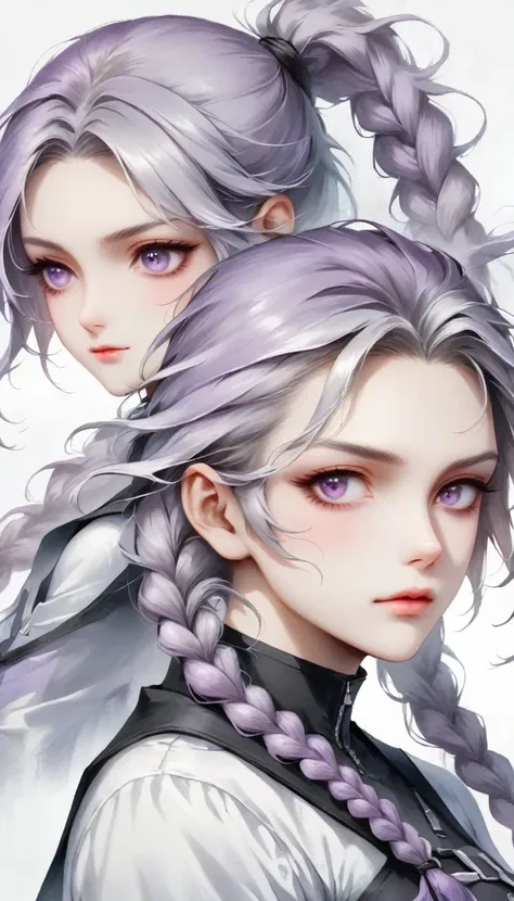 Two people，A man and a girl with long braids，purple and white