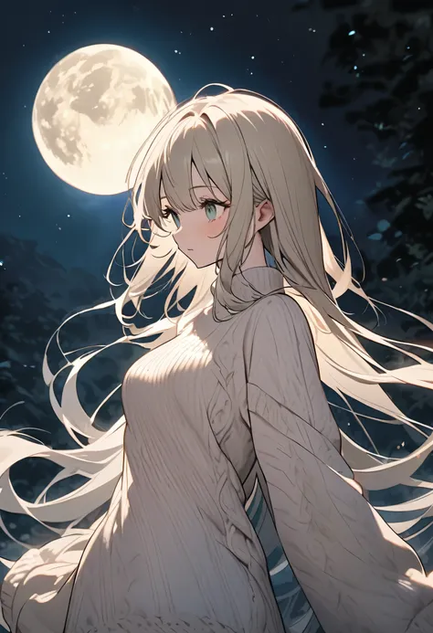 A beautiful lady who wears a pastel beige knotted sweater looking quitely at the moon