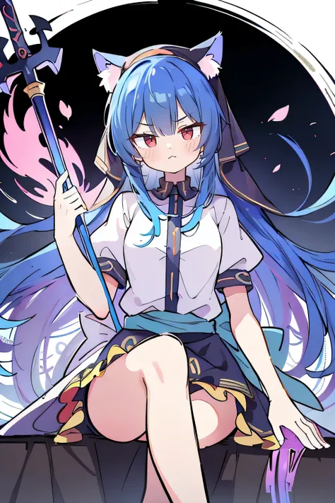 (masterpiece:1.2), extremely detailed, practical, expressive eyes, fair skin, perfect face shaping, 1 girl, japanese anime, gorgeous blue hair, the long flowing blue hair, floating clothes, cat ears, petals fall, beautiful lola, young angel, place your han...