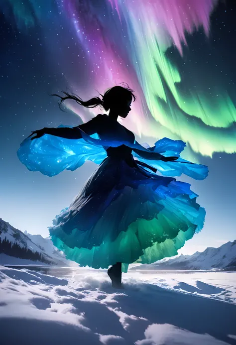 raw photo:1.2, masterpiece, highest quality, 16k, unbelievably absurd, very detailed, perfect beauty, (double exposure vibrant colors silhouette), (layered vibrant colors silhouette), (snow world landscape description), diamond dust, starry sky, aurora, (l...