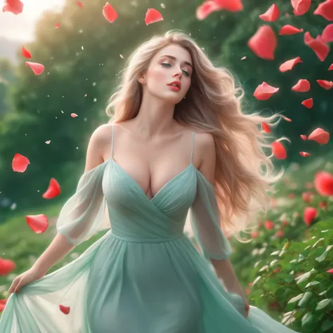 (best quality, realistic, ultra-detailed), a beautiful woman, large breasts, looking up, hair blowing in the wind, and red rose petals falling. perfect makeup, detailed eyes, and lips, long flowing green hair and blue eyes, graceful pose, vibrant colors, s...