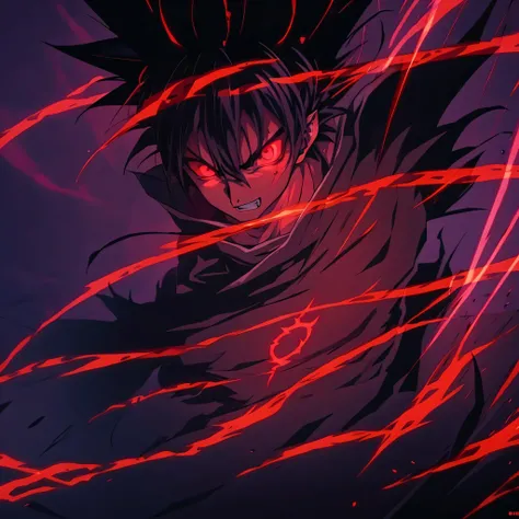 anime character with glowing eyes and a red background, badass anime 8 k, epic anime style, anime epic artwork, glowing black aura, evil aura, wild spiky black saiyan hair, anime wallaper, dark aura, advanced anime digital art, 4 k manga wallpaper, advance...