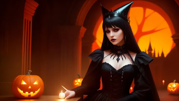 noite de Halloween，lua Vermelha，os morcegos，Ramos estranhos，Uma mulher de vestido preto fica em frente ao castelo，Holding a pumpkin in his hand, The terrible Black Autumn Princess, dark gothic girl, linda rainha vampira, linda rainha vampira, goth girl, go...