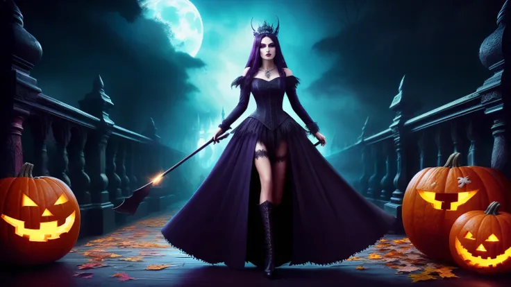 noite de Halloween，lua Vermelha，os morcegos，Ramos estranhos，Uma mulher de vestido preto fica em frente ao castelo，Holding a pumpkin in his hand, The terrible Black Autumn Princess, dark gothic girl, linda rainha vampira, linda rainha vampira, goth girl, go...